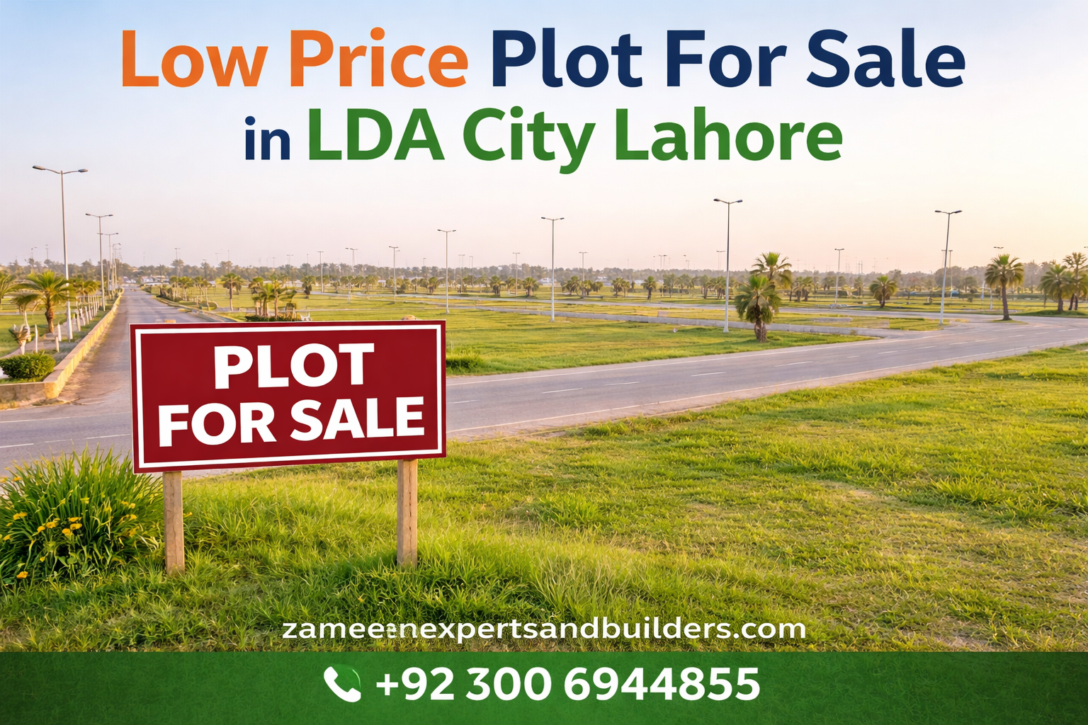 Low price plot for sale in LDA City Lahore with wide road, green surroundings, and developing residential area