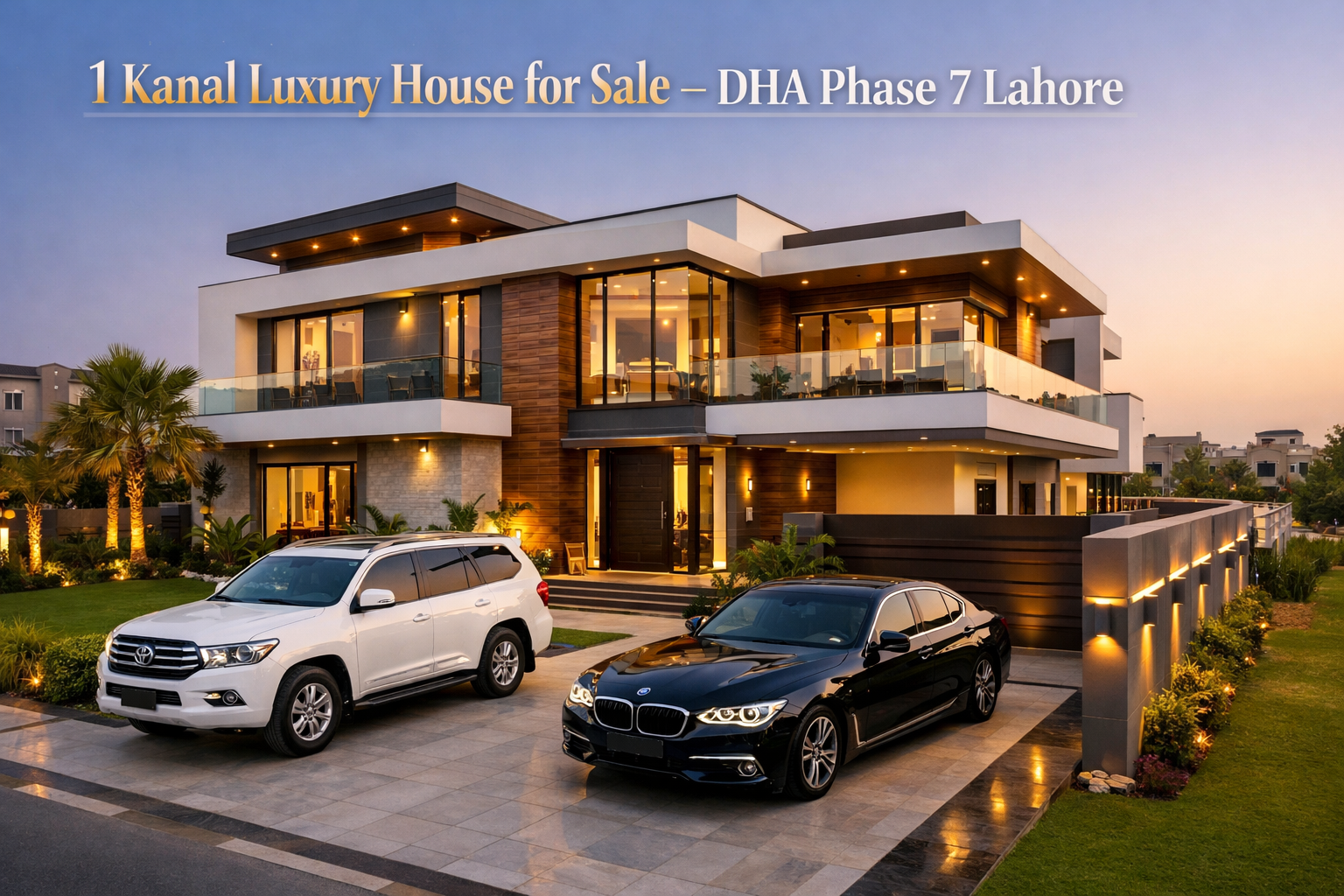 Luxury 1 kanal modern house for sale in DHA Phase 7 Lahore at sunset, featuring contemporary architecture, glass windows, landscaped lawn, and two parked luxury cars in the driveway.