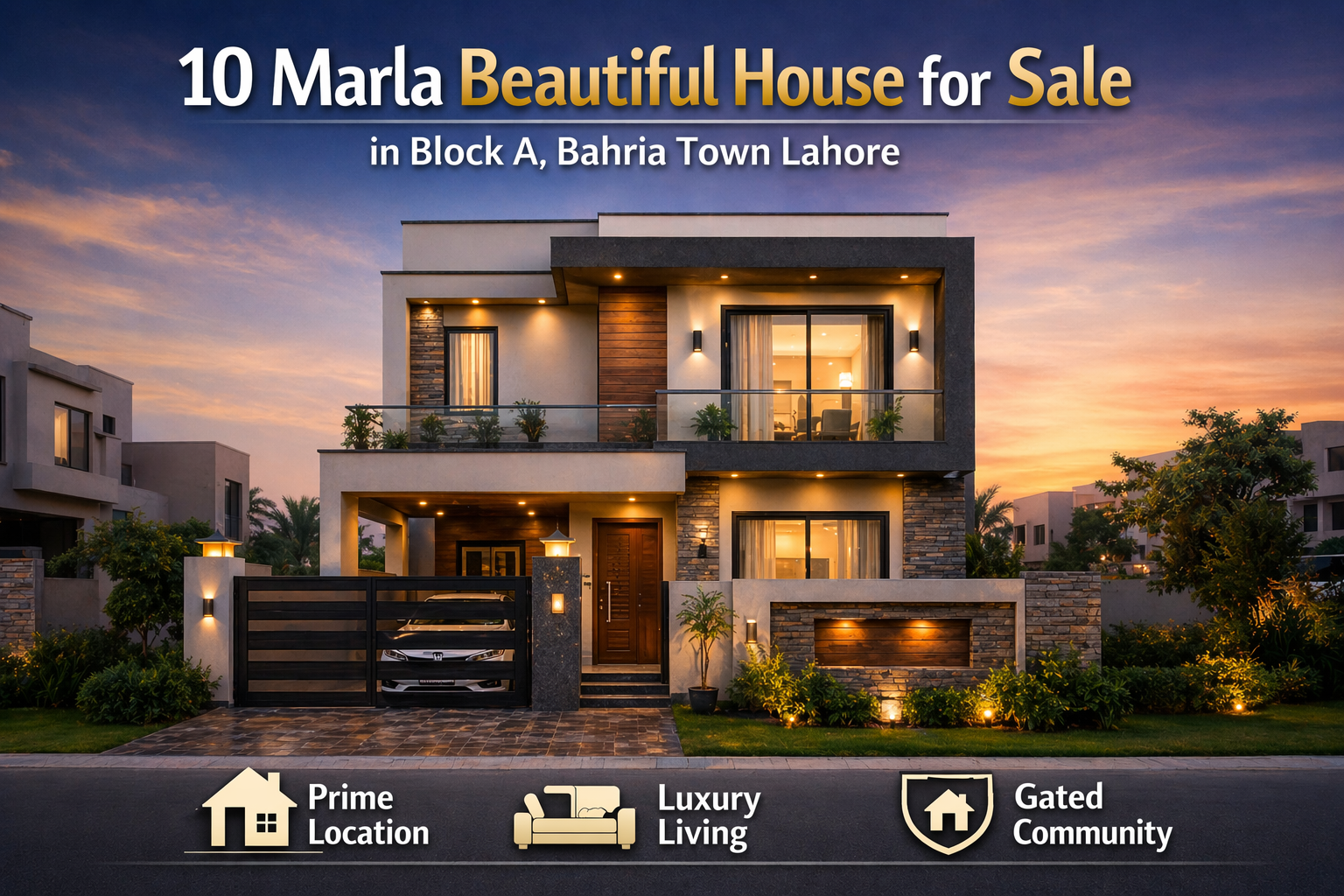 Modern double-story house with warm exterior lighting, wooden and stone accents, a small front lawn, and a car porch, advertised as a 10 marla home in Bahria Town Lahore.