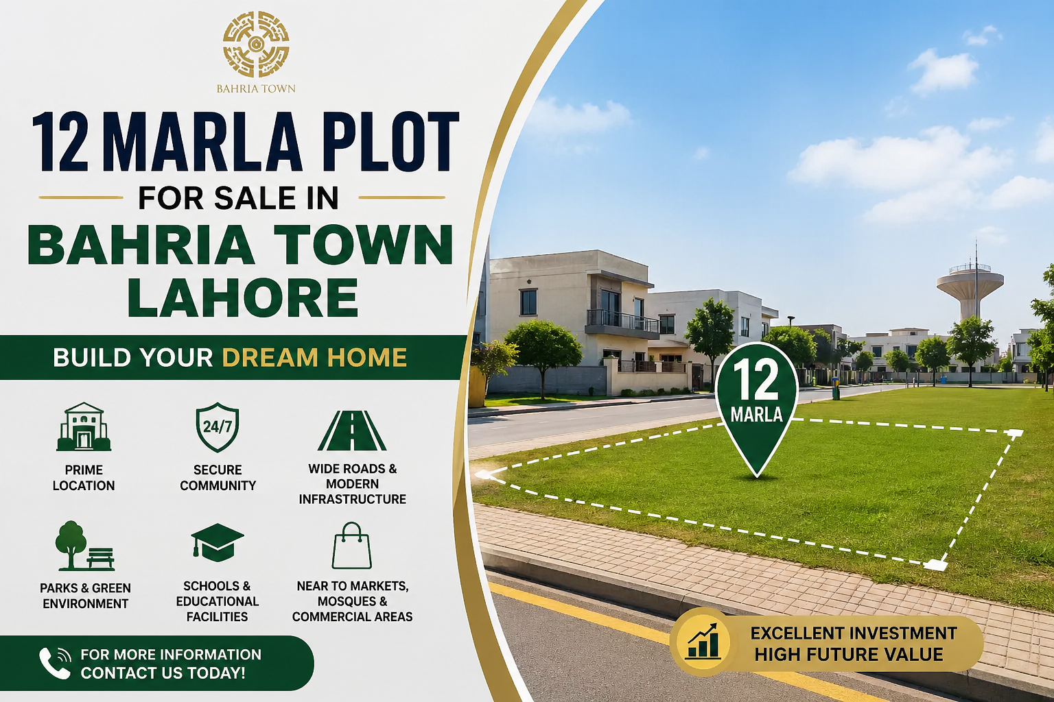 Modern real estate advertisement banner showing a 12 Marla plot for sale in Bahria Town Lahore with highlighted features and residential background.