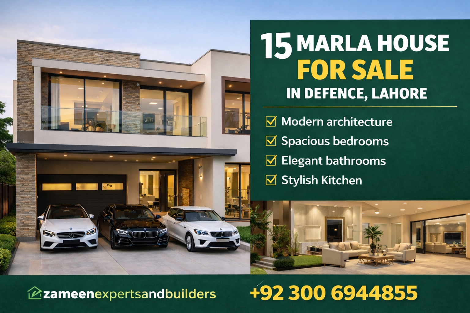 15 marla modern house for sale in Defence Lahore with parking for 3 cars and contact +92 300 6944855