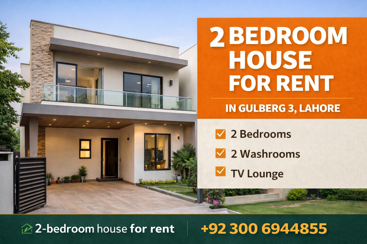 2-bedroom house for rent in Gulberg 3, Lahore with modern elevation, car porch, balcony, and prime residential location.