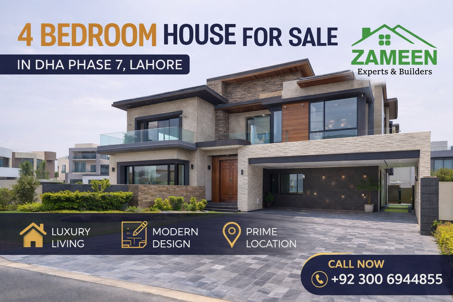 4-bedroom house for sale in DHA Phase 7 Lahore with modern design, spacious driveway, and Zameen Experts & Builders logo.