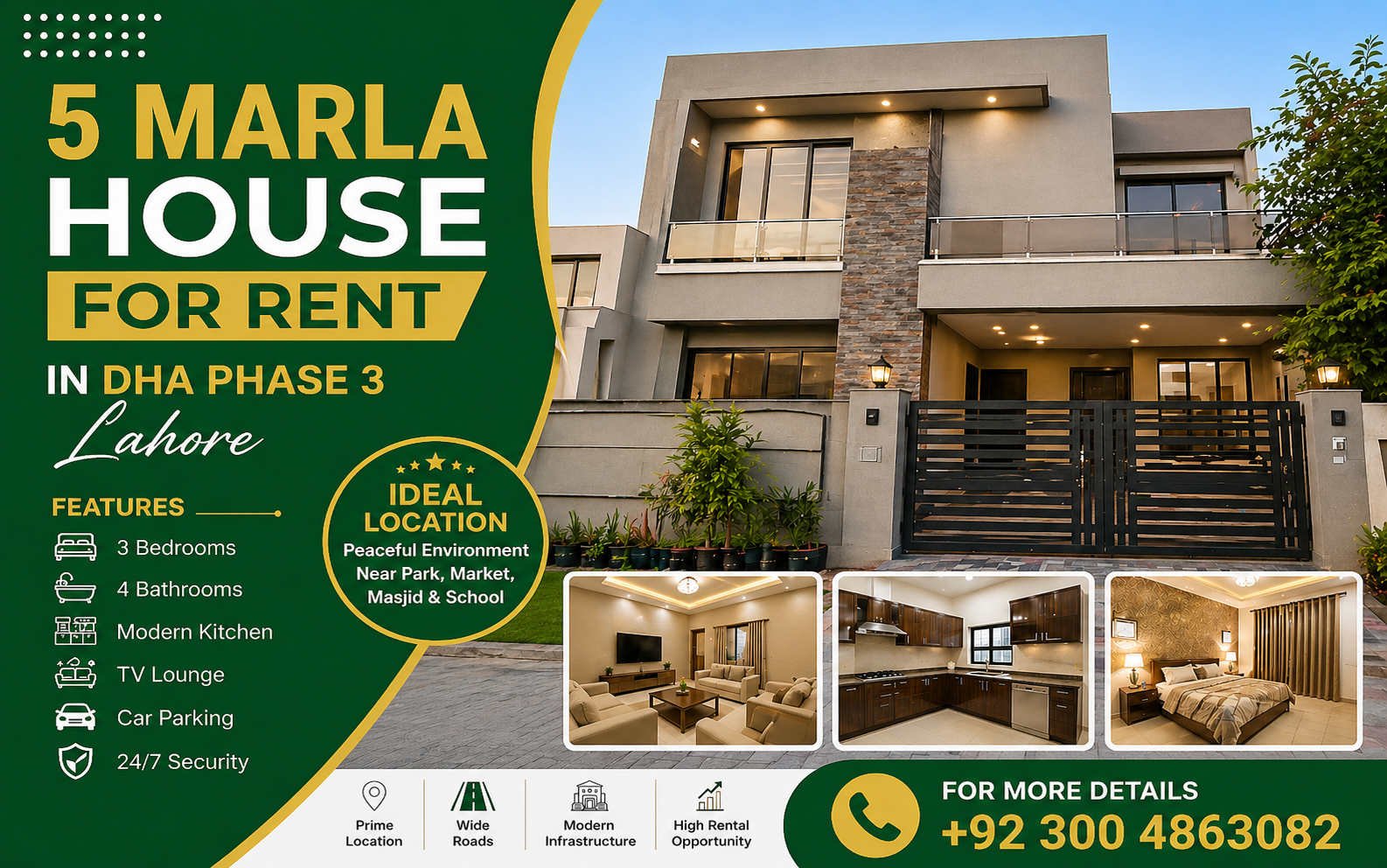 Modern 5 marla double-story house for rent in DHA Phase 3 Lahore with green-themed real estate banner, showing exterior view and interior rooms including lounge, kitchen, and bedroom, with contact number displayed.