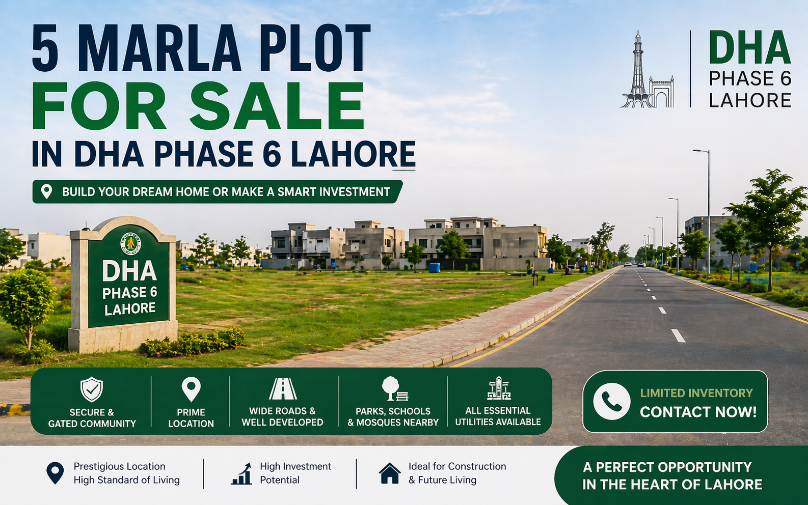 A modern real estate advertisement showing a 5 marla residential plot for sale in DHA Phase 6 Lahore with wide roads, green surroundings, and developed houses.