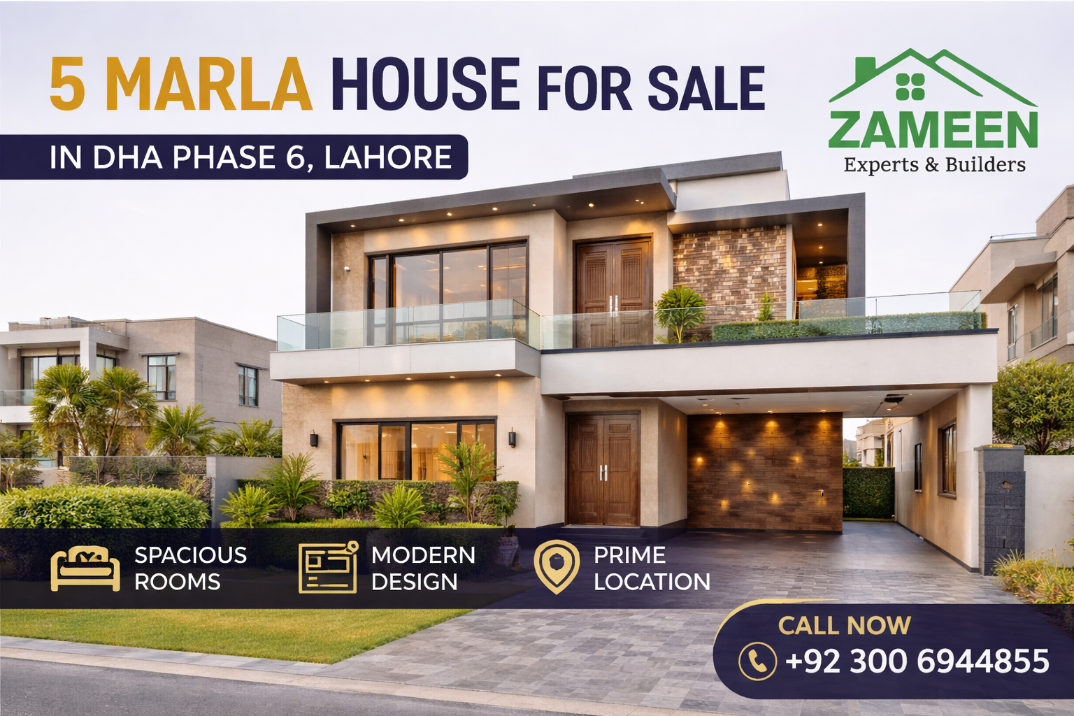 5 marla modern house for sale in DHA Phase 6 Lahore with stylish elevation, glass balcony, and spacious driveway.