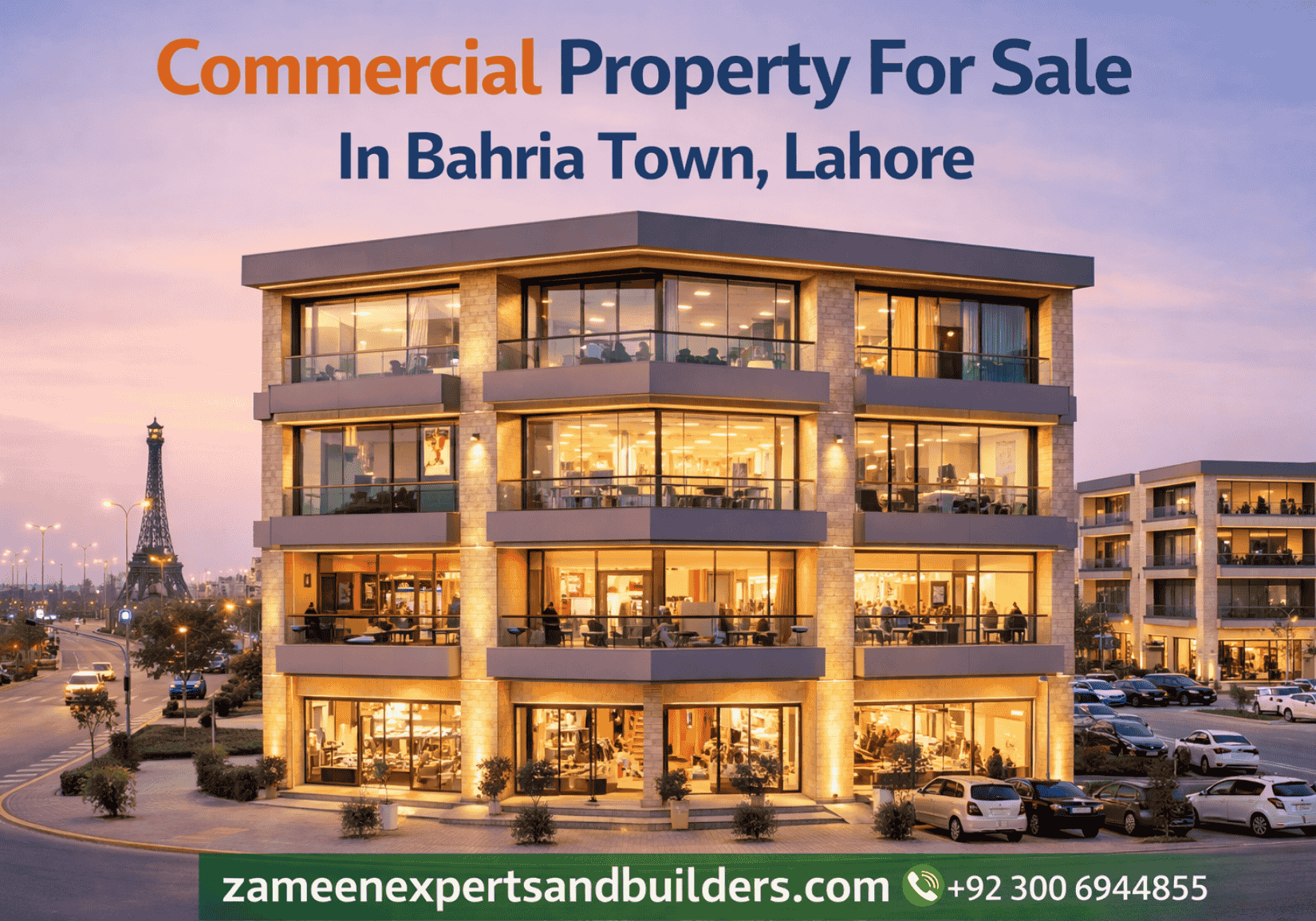 Commercial property for sale in Bahria Town Lahore modern multi story building with shops and offices in prime location