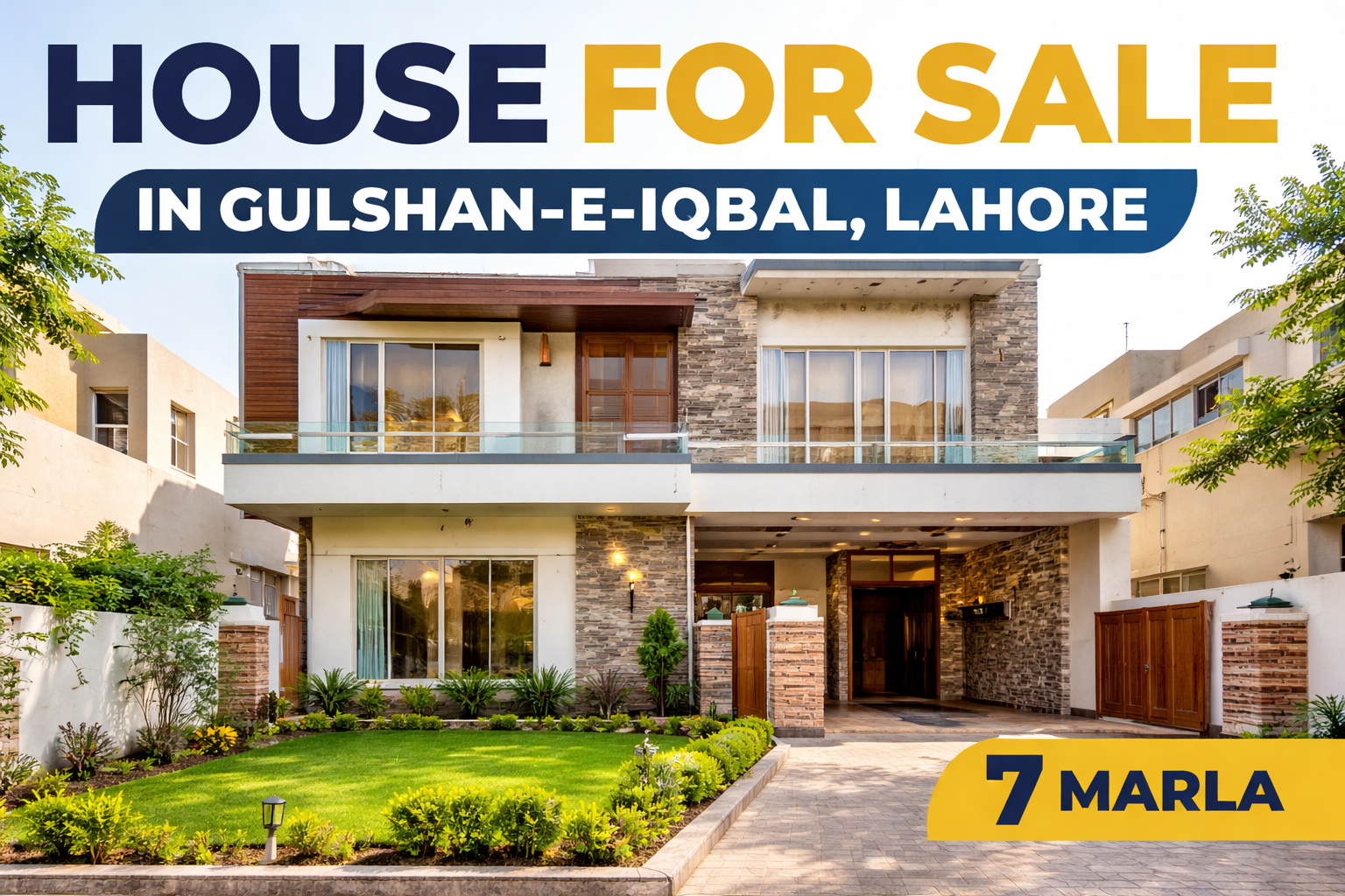 7 marla house for sale in Gulshan-e-Iqbal, Lahore with modern elevation, lawn, car porch, and stylish exterior design.