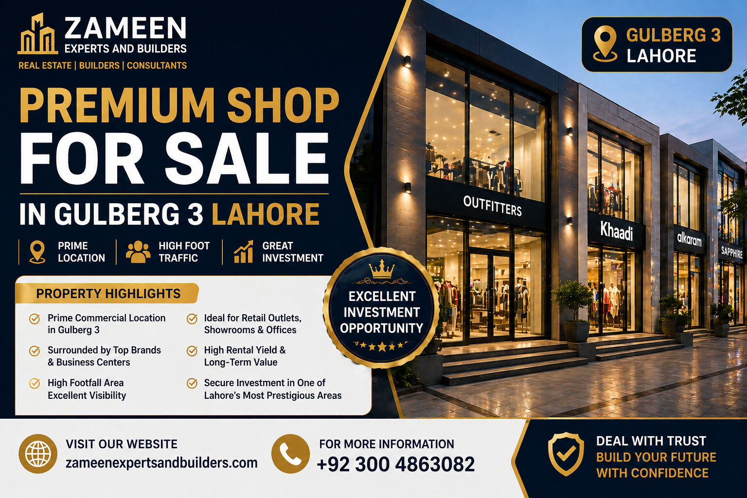 A luxury commercial property advertisement showing a premium shop for sale in Gulberg 3 Lahore with modern glass-front outlets, branded stores, and updated contact details.