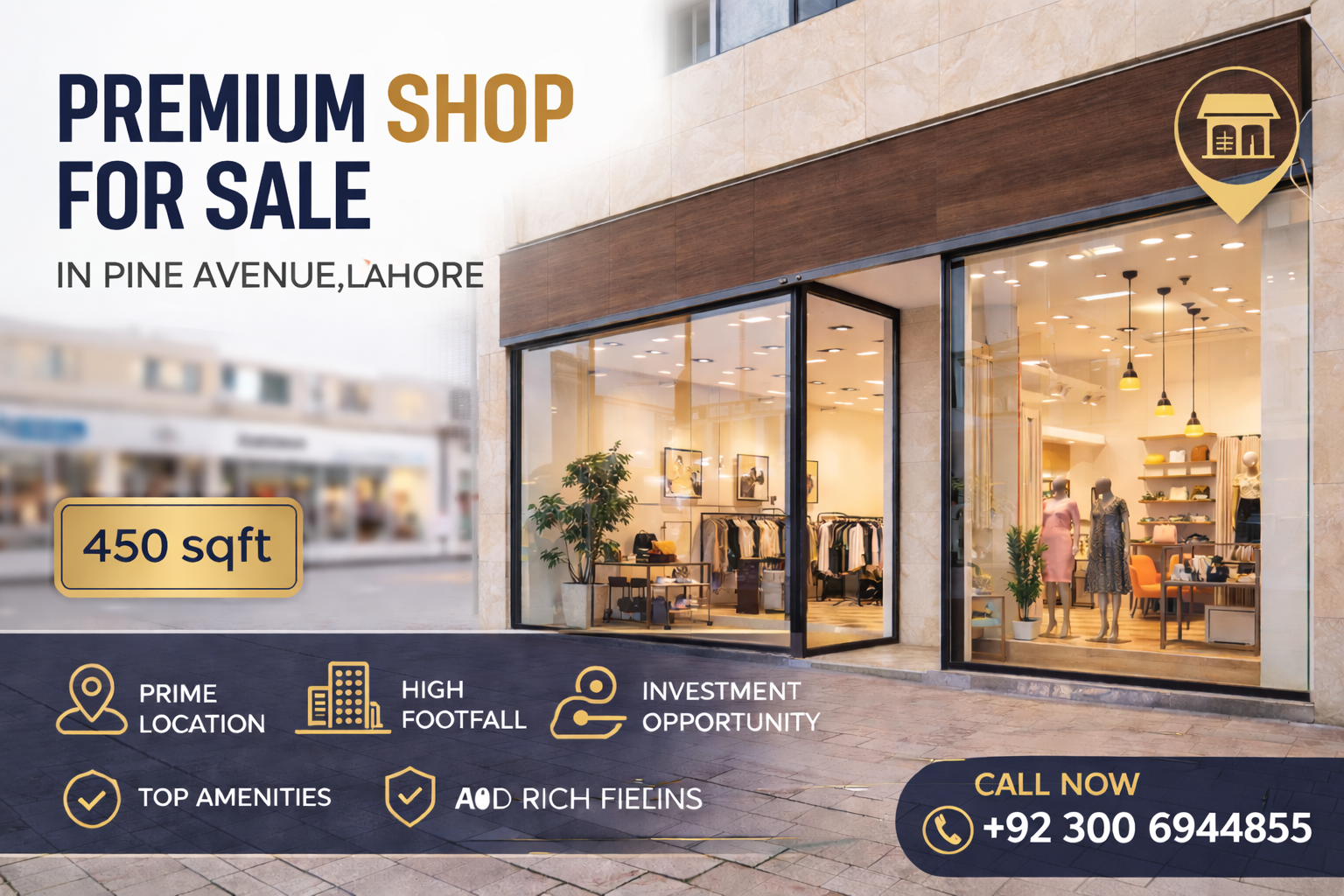 Premium 450 sqft shop for sale in Pine Avenue Lahore with modern glass front, stylish interior, and contact number displayed.
