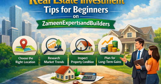 Infographic showing real estate investment tips for beginners with icons for location, market trends, property inspection, and long-term planning, featuring ZameenExpertsandBuilders branding.