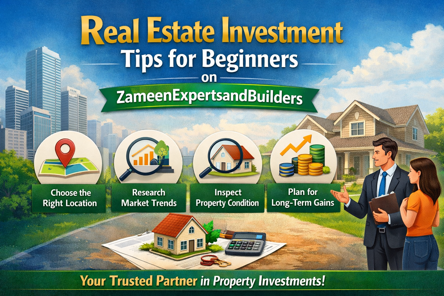 Infographic showing real estate investment tips for beginners with icons for location, market trends, property inspection, and long-term planning, featuring ZameenExpertsandBuilders branding.