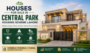 Modern house advertisement for houses for sale in Central Park Housing Scheme Lahore featuring a luxury home and property highlights.
