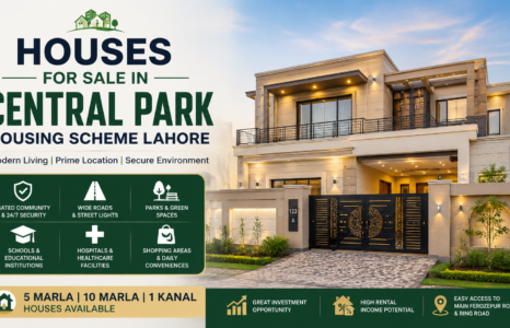Modern house advertisement for houses for sale in Central Park Housing Scheme Lahore featuring a luxury home and property highlights.