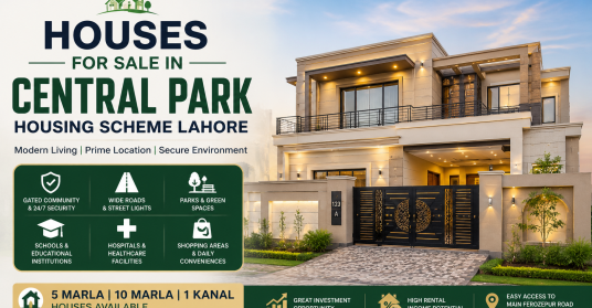 Modern house advertisement for houses for sale in Central Park Housing Scheme Lahore featuring a luxury home and property highlights.