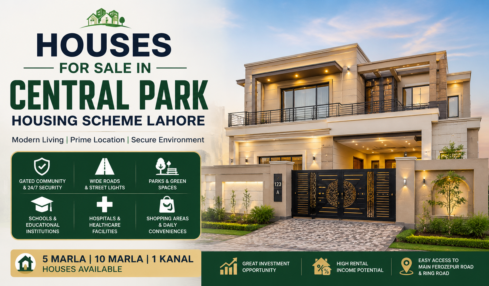 Modern house advertisement for houses for sale in Central Park Housing Scheme Lahore featuring a luxury home and property highlights.