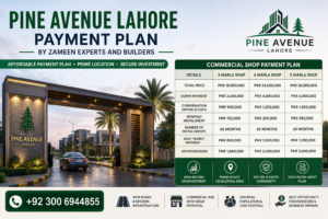 Modern Pine Avenue Lahore payment plan advertisement featuring commercial shop installment details, society entrance view, and contact number for investors.
