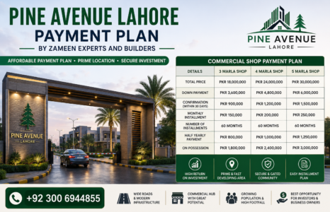 Modern Pine Avenue Lahore payment plan advertisement featuring commercial shop installment details, society entrance view, and contact number for investors.