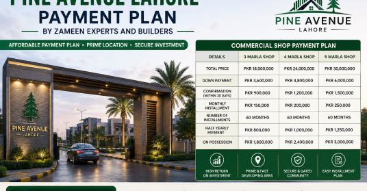 Modern Pine Avenue Lahore payment plan advertisement featuring commercial shop installment details, society entrance view, and contact number for investors.