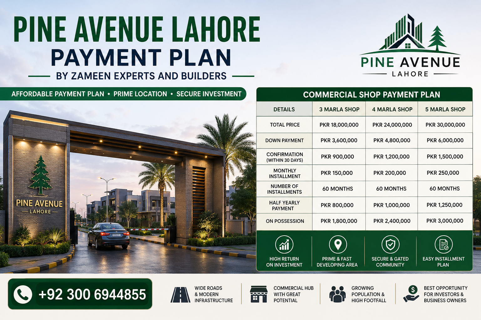 Modern Pine Avenue Lahore payment plan advertisement featuring commercial shop installment details, society entrance view, and contact number for investors.