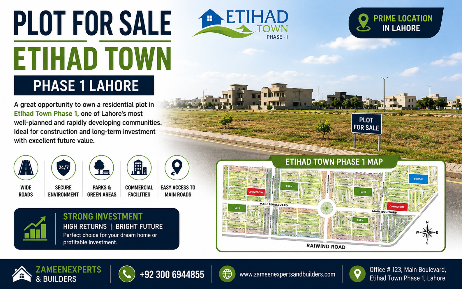 Plot for sale advertisement in Etihad Town Phase 1 Lahore with society map and investment details.